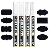 DIGIELE Kreidestift, 2 Stück Kreidestift Weiß 3mm + 2 Stück Kreidemarker Weiß 6mm + 16 tafel labels, Reversibel Stiftspitze, Trocken oder Feucht Abwischbare Flüssigkreide für Tafel, Fenster, Glas