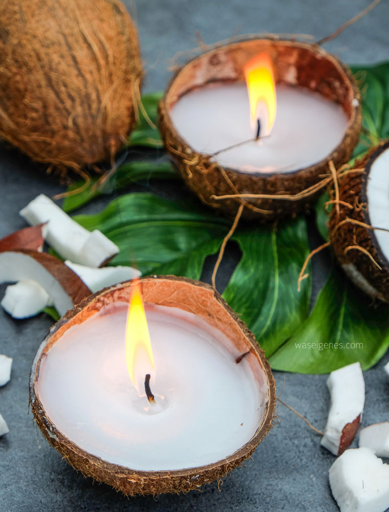 DIY Kokosnuss Kerzen, Kerzen gießen, Kerzen selber machen, Kokosnussschalen basteln, Duftkerzen selber machen, waseigenes.com | #kokosnusskerzen #kerzenselbermachen #kokosnussschalenbasteln 