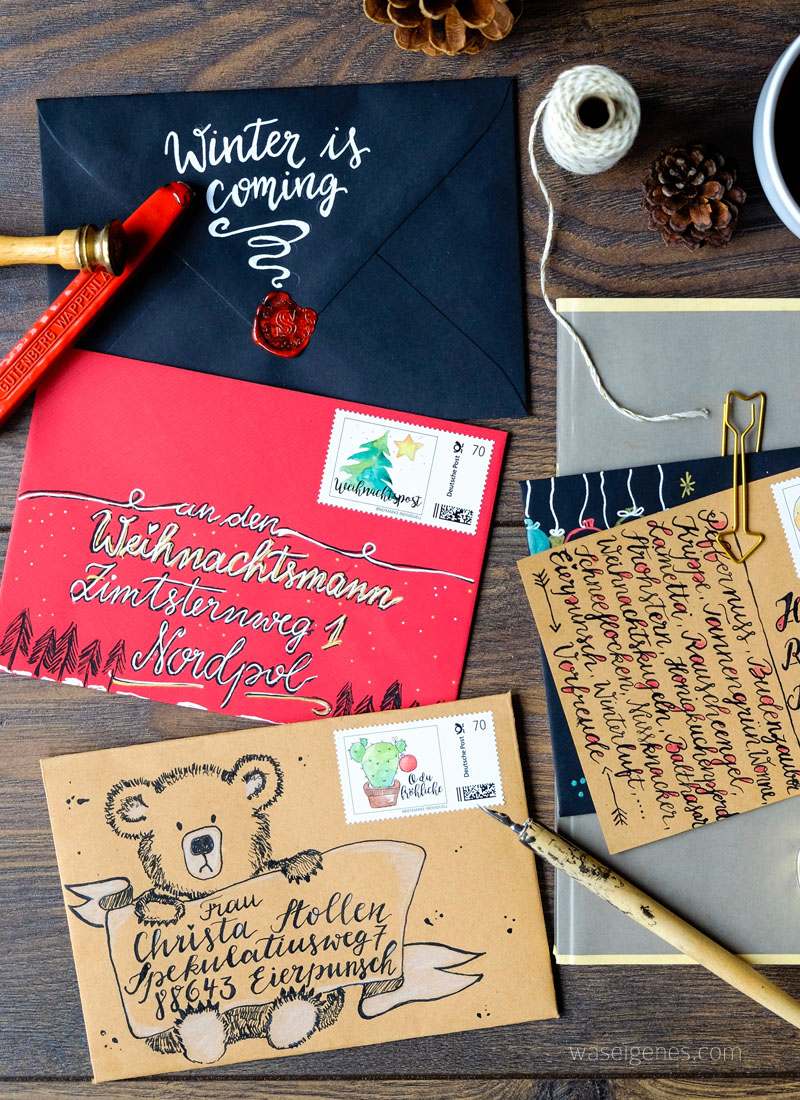 Weihnachtspost | Weihnachtsbriefe | DIY Briefumschläge schreiben und gestalten | Briefe an den Weihnachtsmann | Kalligrafie und Handlettering | Briefmarke individuell | waseigenes.com DIY Blog