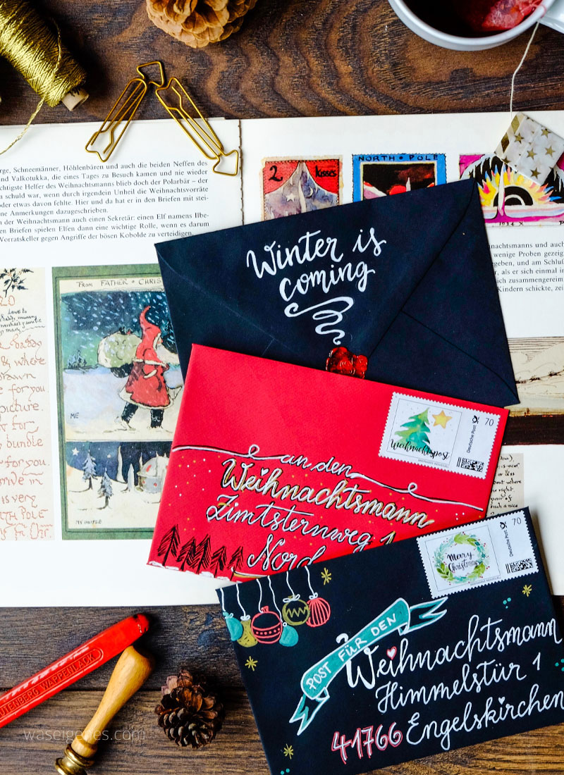 Weihnachtspost | Weihnachtsbriefe | DIY Briefumschläge schreiben und gestalten | Briefe an den Weihnachtsmann | Kalligrafie und Handlettering | Briefmarke individuell | waseigenes.com DIY Blog