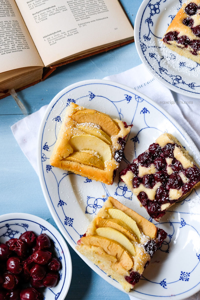 Rezept Blechkuchen: Obstkuchen vom Blech belegt mit Schattenmorellen und Apfelschnitzen | waseigenes.com