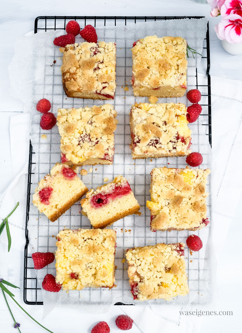 Saftig, fluffig, knusprig: Himbeer-Streuselkuchen mit Vanillepudding | waseigenes.com | was backe ich heute? was backe ich morgen? 10 einfache Sommerkuchen Rezepte