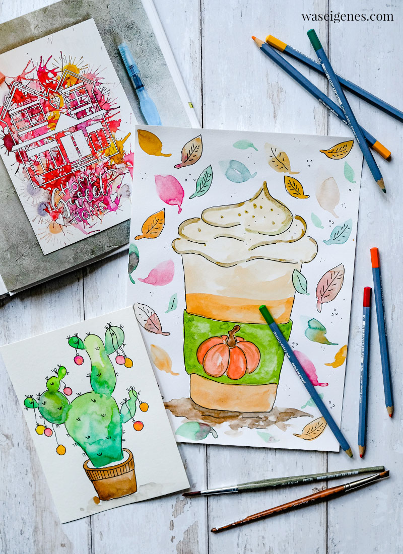 Aquarellmalerei - Pumpkin Spice Latte und Weihnachtskaktus | waseigenes.com DIY & Food Blog