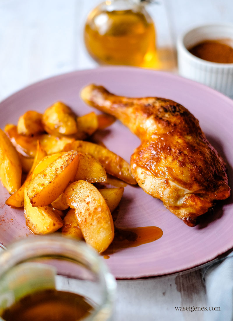 Hähnchenschenkel mit Honig-Marinade und Kartoffeln aus dem Ofen