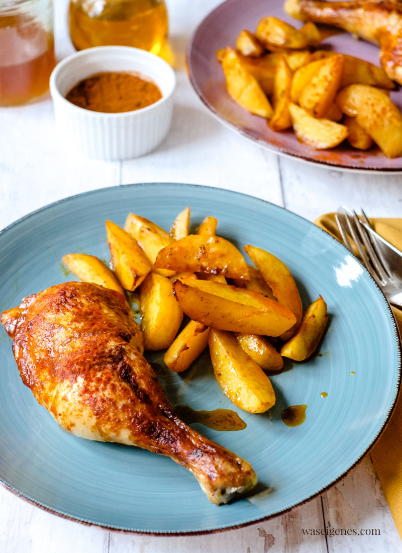 Hähnchenschenkel mit Honig-Marinade und Kartoffeln aus dem Ofen