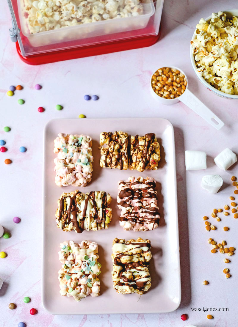 Rezept: Popcorn-Marshmallow-Riegel mit Schokoladen Kuvertüre und Smarties | knusprig, süß und lecker | waseigenes.com