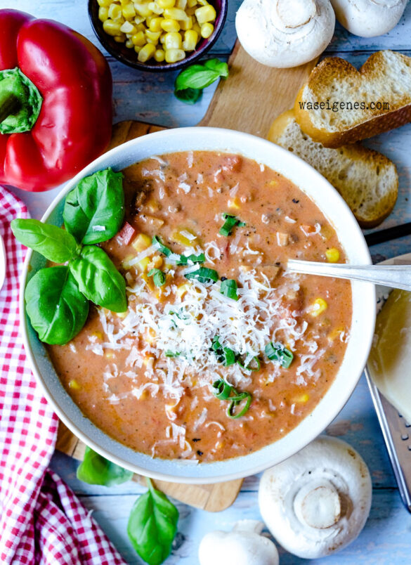 Rezept: Pizzasuppe - einfache und leckere Suppe mit Hackfleisch und Gemüse, steht in 30 Minuten auf dem Tisch | Was koche ich heute? Rezepte für jeden Tag von waseigenes.com