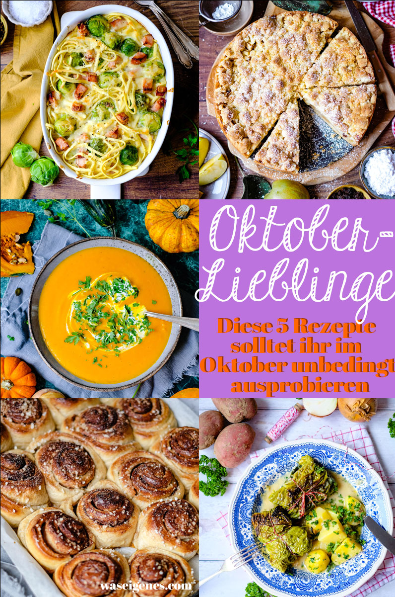 5 Herbstrezepte für den Oktober | waseigenes.com (Spätzleauflauf mit Rosenkohl, Apfel-Streuselkuchen, Klassische Kürbissuppe, Kohlrouladen, Zimtschnecken)